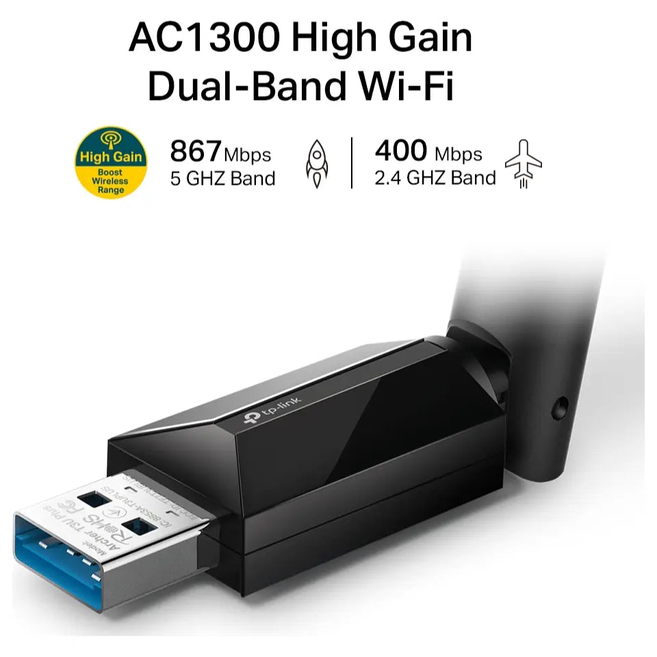 TP-Link Archer T3U Plus AC1300 High Gain Wireless Dual Band USB Adapter, 867Mbps 5GHz and 400Mbps 2.4GHz, MU-MIMO, 2x External Antennas