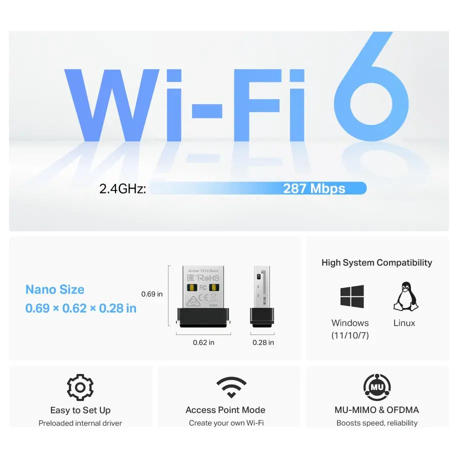 TP-Link Archer TX1U Nano AX300 Nano Wi-Fi 6 Wireless USB Adapter, Up To 287Mbps, MU-MIMO And OFDMA, AP Mode, Plug And Play
