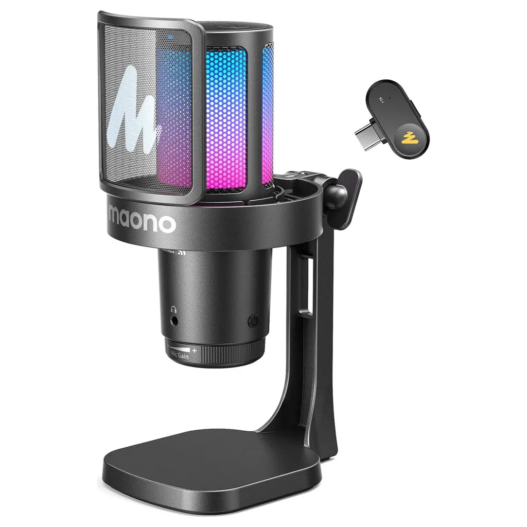 Maono DGM20W Wireless Gaming Microphone, 2.4G Wireless and USB Wired, 24-Bit/48kHz, One-Tap ENC With 3-Level Depth, Cardioid, RGB, Quick Mute, Gain Control, 40 Hours, Black