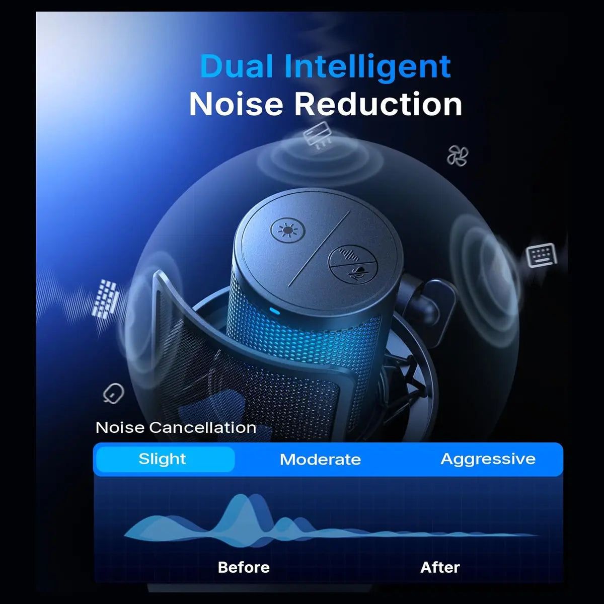 Maono DGM20W Wireless Gaming Microphone, 2.4G Wireless and USB Wired, 24-Bit/48kHz, One-Tap ENC With 3-Level Depth, Cardioid, RGB, Quick Mute, Gain Control, 40 Hours, Black