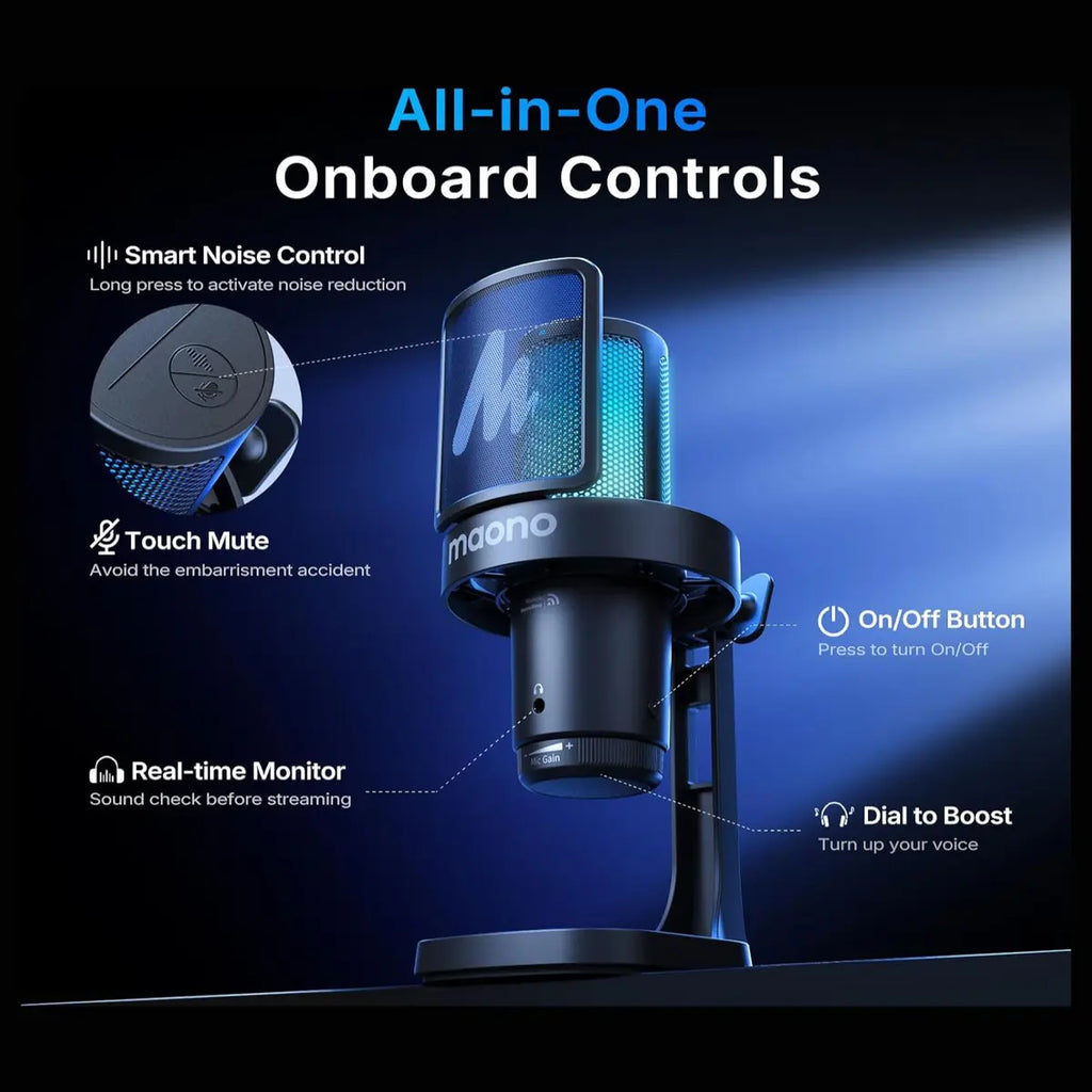 Maono DGM20W Wireless Gaming Microphone, 2.4G Wireless and USB Wired, 24-Bit/48kHz, One-Tap ENC With 3-Level Depth, Cardioid, RGB, Quick Mute, Gain Control, 40 Hours, Black