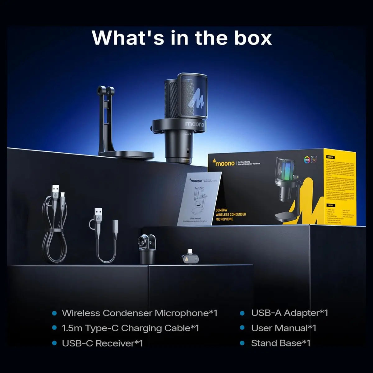 Maono DGM20W Wireless Gaming Microphone, 2.4G Wireless and USB Wired, 24-Bit/48kHz, One-Tap ENC With 3-Level Depth, Cardioid, RGB, Quick Mute, Gain Control, 40 Hours, Black