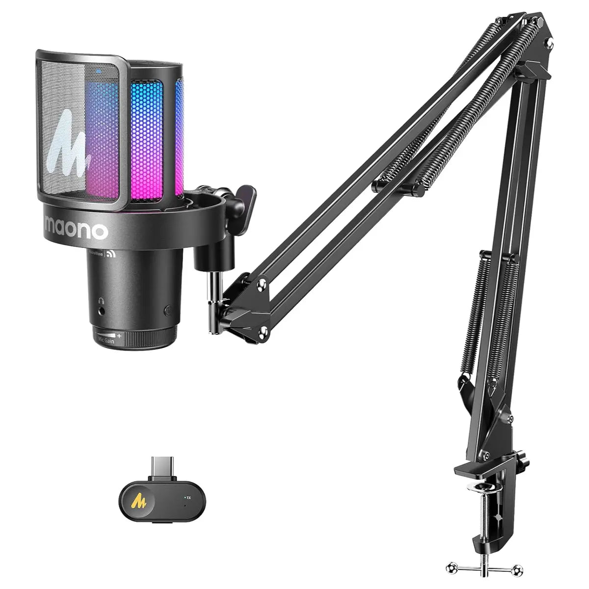 MAONO DGM20WS Wireless Gaming Microphone, 2.4G Wireless and USB Wired, 24bit 48kHz, Cardioid, Touch Noise Cancellation, Quick Mute, Gain Control, RGB, Boom Arm, Black