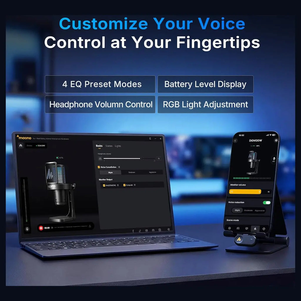 MAONO DGM20WS Wireless Gaming Microphone, 2.4G Wireless and USB Wired, 24bit 48kHz, Cardioid, Touch Noise Cancellation, Quick Mute, Gain Control, RGB, Boom Arm, Black