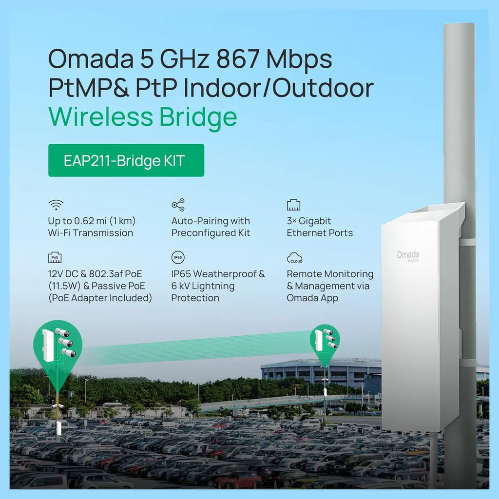 TP-Link EAP211-Bridge KIT Omada Point to Point Wireless Bridge Outdoor, 5GHz 867Mbps, PtP and PtMP, 1km Range, 3 Gigabit Ports, PoE or DC Powered, IP65 Weatherproof