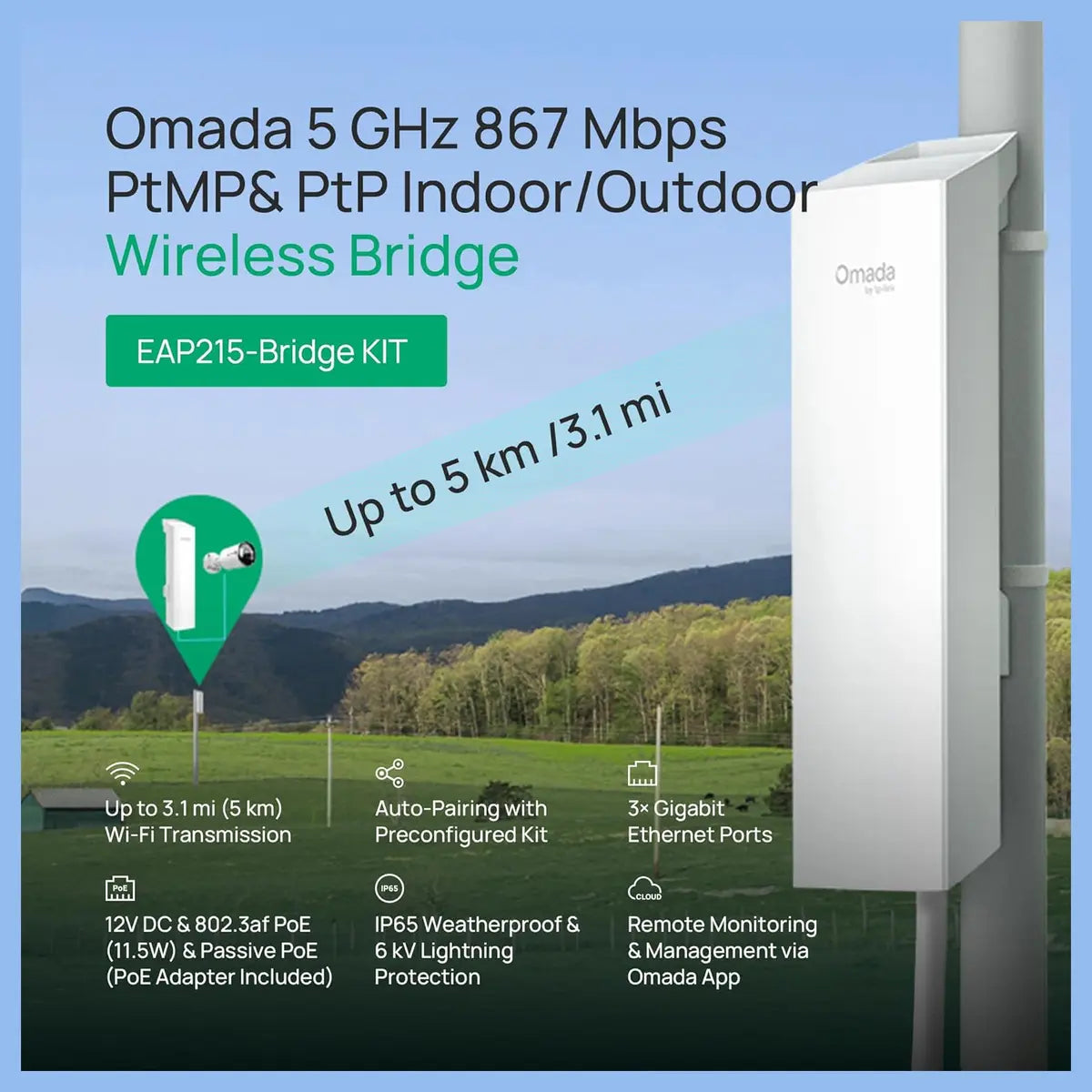 TP-Link EAP215-Bridge KIT Wireless Bridge, 5GHz 867Mbps, Up To 5km, 3x Gigabit Ethernet, IP65 Weatherproof, Passive PoE