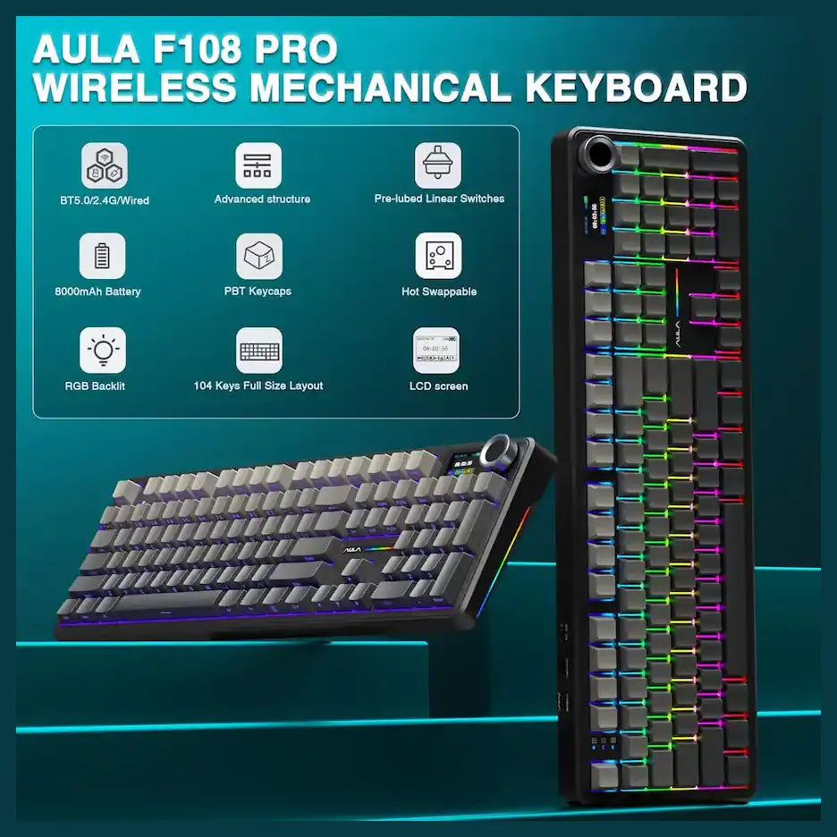 AULA F108 Pro WIND 108-Key Wireless Hot Swappable Mechanical Gaming Keyboard, RGB, Smart Screen and Multifunction Knob, 8000mAH Battery, Gradient Gray