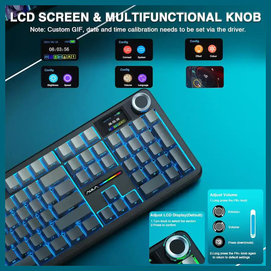 AULA F108 Pro WIND 108-Key Wireless Hot Swappable Mechanical Gaming Keyboard, RGB, Smart Screen and Multifunction Knob, 8000mAH Battery, Gradient Gray