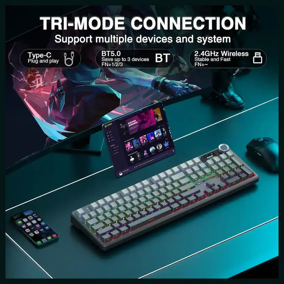 AULA F108 Pro WIND 108-Key Wireless Hot Swappable Mechanical Gaming Keyboard, RGB, Smart Screen and Multifunction Knob, 8000mAH Battery, Gradient Gray