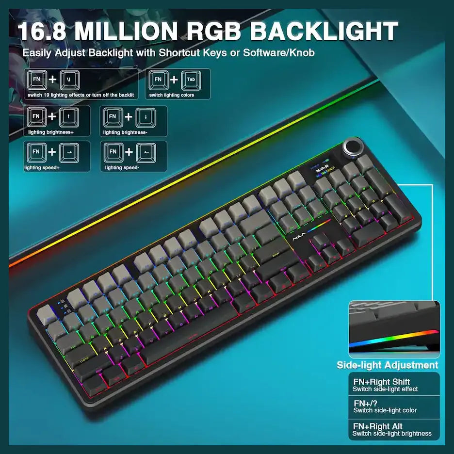AULA F108 Pro WIND 108-Key Wireless Hot Swappable Mechanical Gaming Keyboard, RGB, Smart Screen and Multifunction Knob, 8000mAH Battery, Gradient Gray
