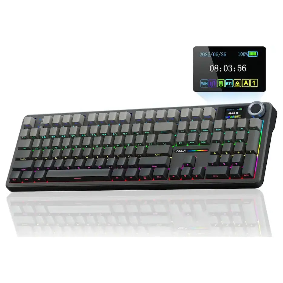 AULA F108 Pro WIND 108-Key Wireless Hot Swappable Mechanical Gaming Keyboard, RGB, Smart Screen and Multifunction Knob, 8000mAH Battery, Gradient Gray