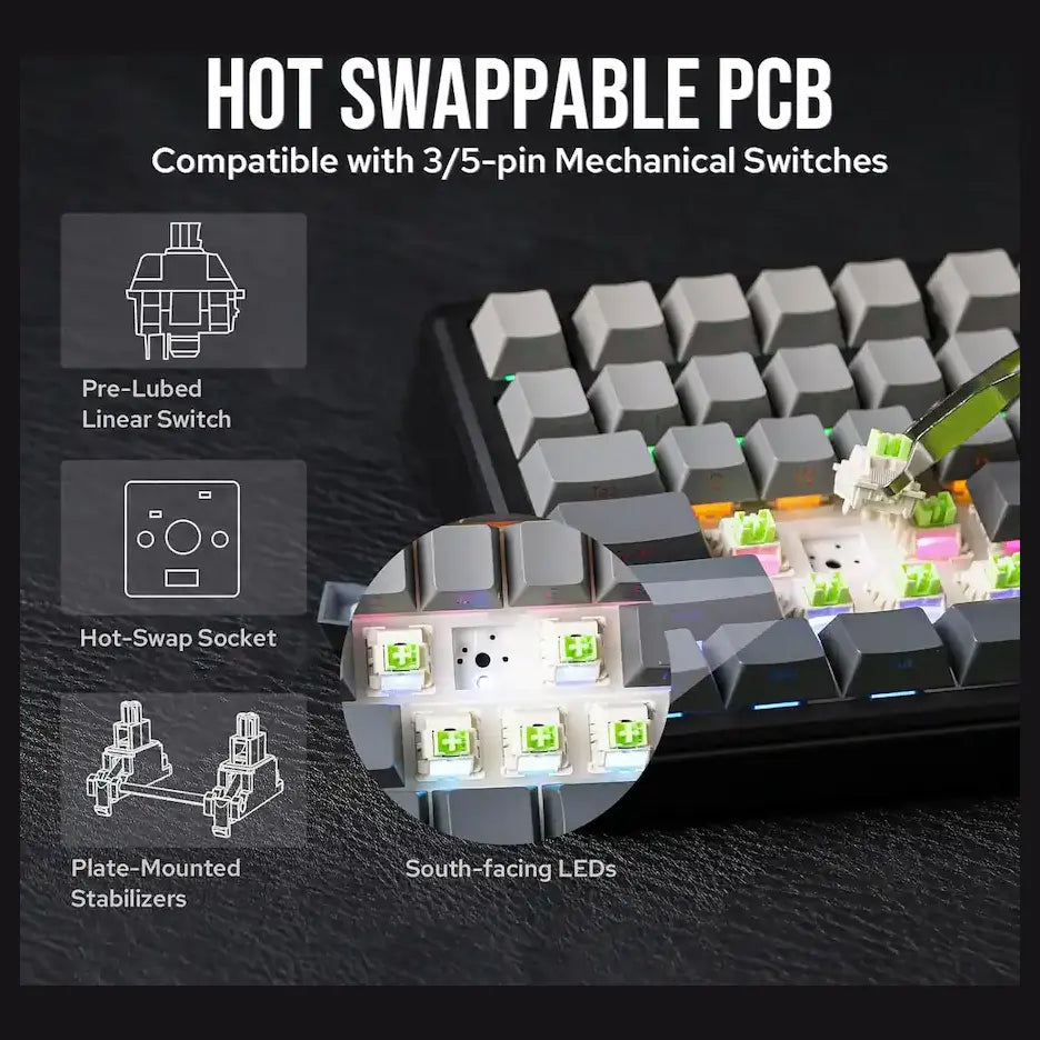 AULA F75 Max Wireless 3-in-1 Mechanical Gaming Keyboard, 81-Key, Hot Swappable, RGB, Knob and Digital Screen, NKRO, Gradient Grey