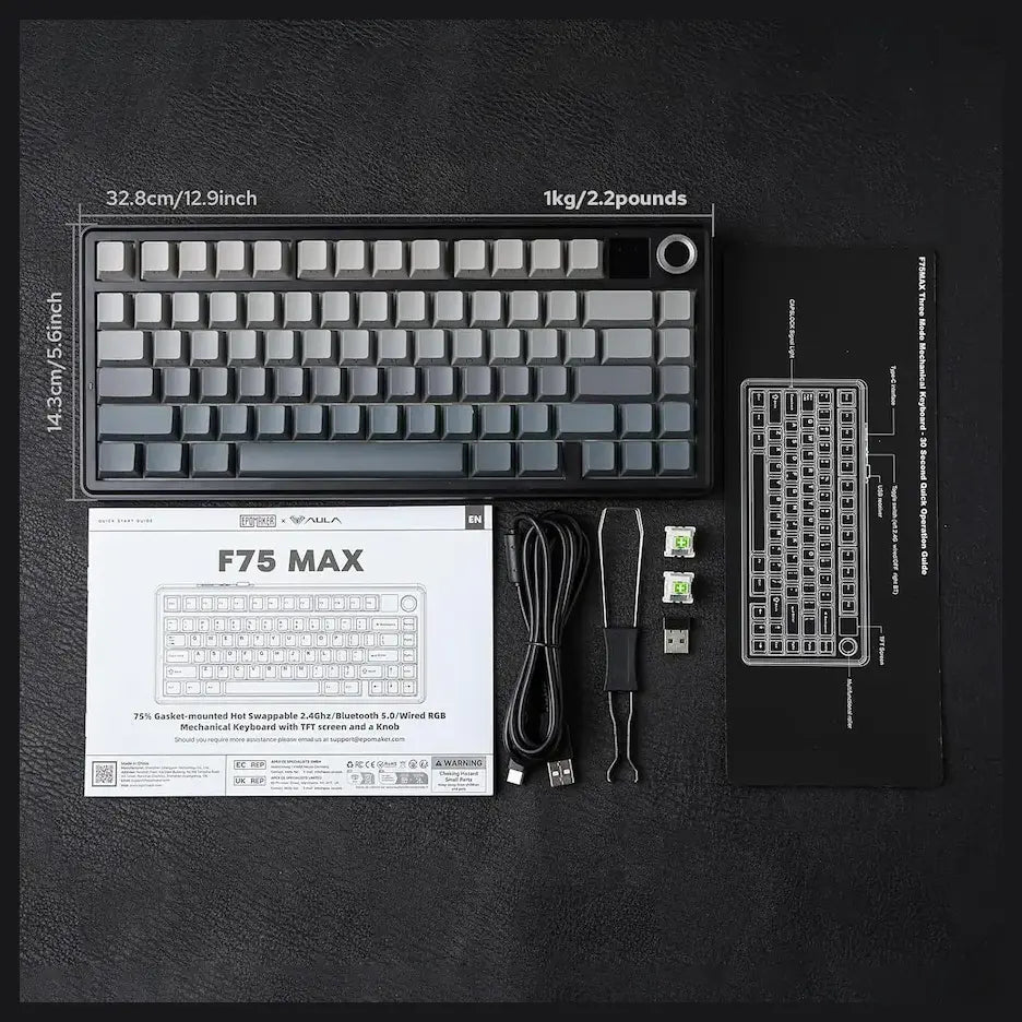 AULA F75 Max Wireless 3-in-1 Mechanical Gaming Keyboard, 81-Key, Hot Swappable, RGB, Knob and Digital Screen, NKRO, Gradient Grey