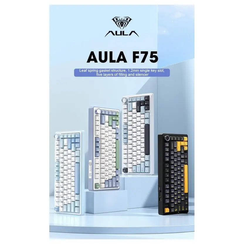 Aula F75 Gasket Mechanical Keyboard, 75% Layout, Wireless, Hot Swappable, Bluetooth/2.4GHz/USB-C, Pre-Lubed Linear Seiya Switches, Knob, 16.8M RGB, White Contour