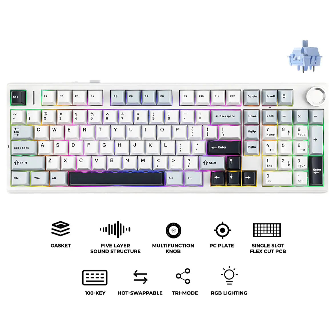 Aula F99 Pro Tri-Mode 96% 100-Key Gasket-Mounted Mechanical Keyboard with Knob, Bluetooth 5.0 and 2.4GHz Wireless and USB Type-C Wired, 8000mAh Battery, South-Facing RGB Backlight, Star Vector Switch, Blue/White/Black
