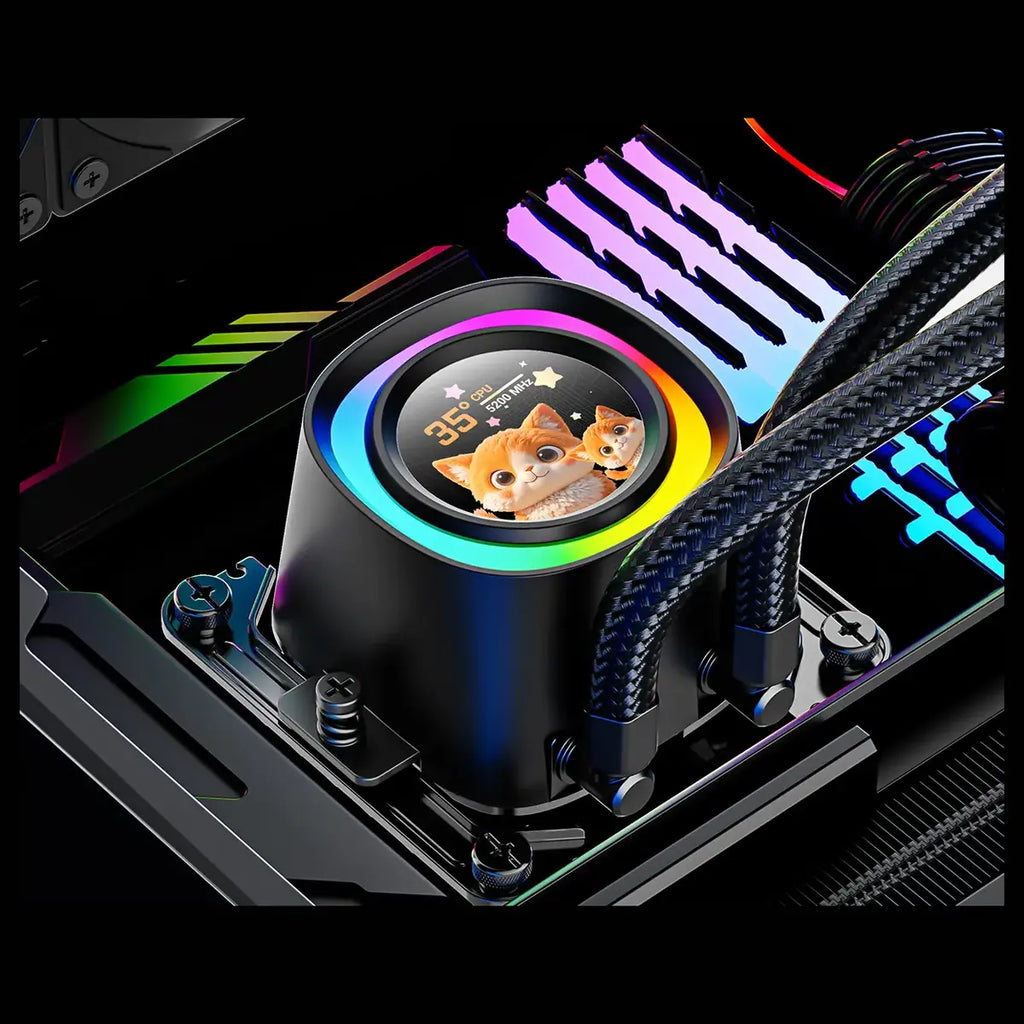 ID-Cooling FX240 LCD ARGB AIO 240mm Liquid CPU Cooler, 1.48" LCD Display, ARGB Lighting Ring, Silent-Oriented Fans, Black