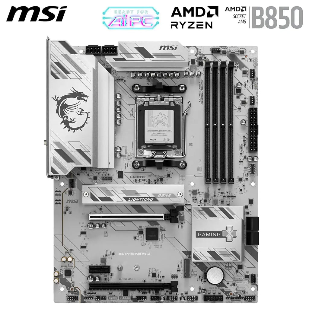 MSI B850 Gaming Plus WIFI6E Motherboard, ATX, AM5, Supports AMD Ryzen 9000/8000/7000, DDR5 8200+MT/s OC, PCIe 4.0 x16, M.2 Gen5, Wi-Fi 6E, 2.5G LAN