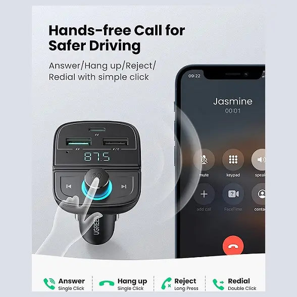 UGREEN Bluetooth FM Transmitter and Car Charger 31.5W, Bluetooth 5.0, USB-C PD and USB-A QC 3.0 and 1.5A USB, USB and TF Card Up To 32GB, 12V/24V, 80910
