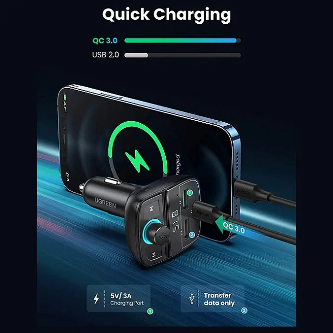 UGREEN Bluetooth FM Transmitter and Car Charger 31.5W, Bluetooth 5.0, USB-C PD and USB-A QC 3.0 and 1.5A USB, USB and TF Card Up To 32GB, 12V/24V, 80910