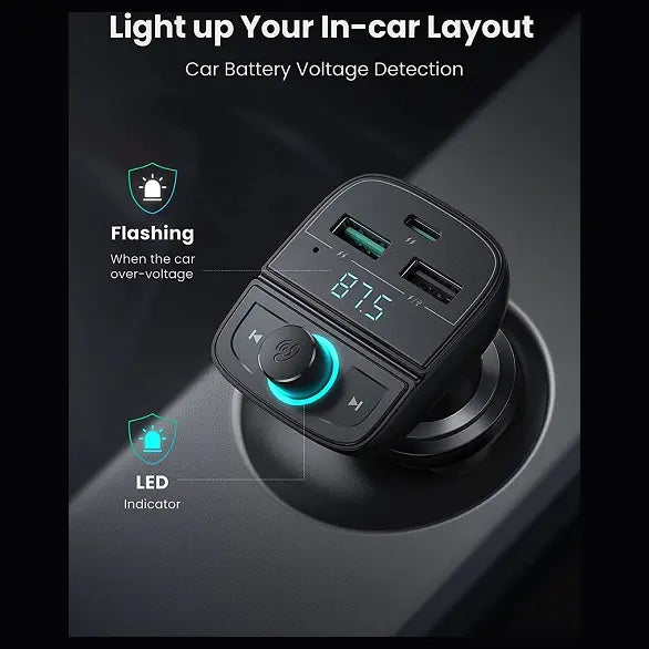 UGREEN Bluetooth FM Transmitter and Car Charger 31.5W, Bluetooth 5.0, USB-C PD and USB-A QC 3.0 and 1.5A USB, USB and TF Card Up To 32GB, 12V/24V, 80910