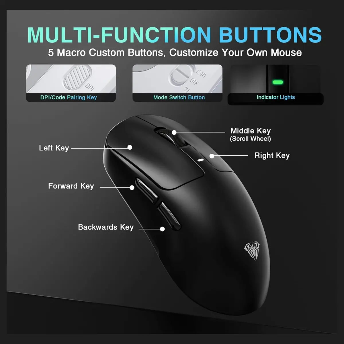 AULA SC680 Wireless Gaming Mouse, Tri-Mode 2.4GHz USB-C and BT5.2, PAW3395 Sensor, 26000 DPI, 8K Polling Rate, 500mAh Battery Up to 75Hrs, Black