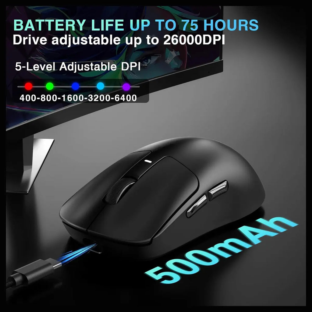 AULA SC680 Wireless Gaming Mouse, Tri-Mode 2.4GHz USB-C and BT5.2, PAW3395 Sensor, 26000 DPI, 8K Polling Rate, 500mAh Battery Up to 75Hrs, Black