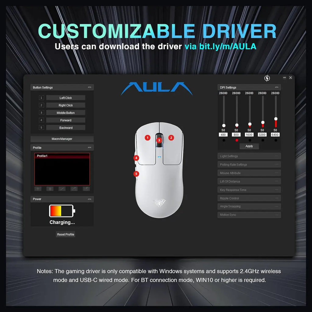 AULA SC680 Wireless Gaming Mouse, Tri-Mode 2.4GHz USB-C and BT5.2, PAW3395 Sensor, 26000 DPI, 8K Polling Rate, 500mAh Battery Up to 75Hrs, Black