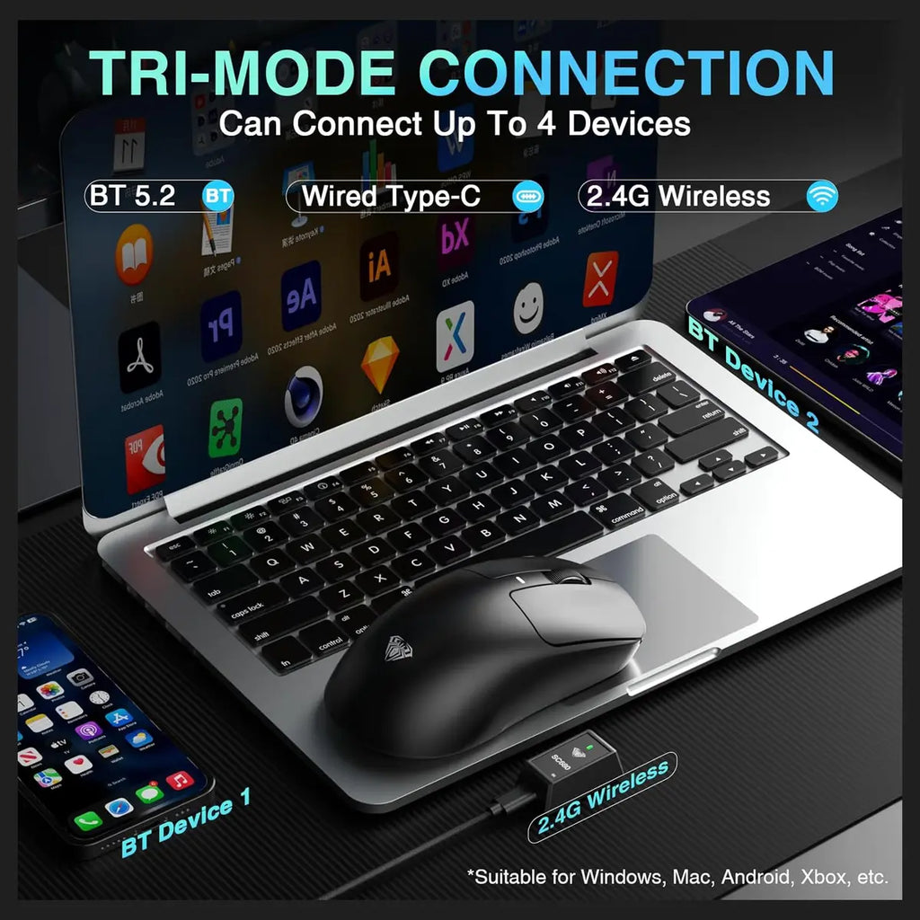 AULA SC680 Wireless Gaming Mouse, Tri-Mode 2.4GHz USB-C and BT5.2, PAW3395 Sensor, 26000 DPI, 8K Polling Rate, 500mAh Battery Up to 75Hrs, Black