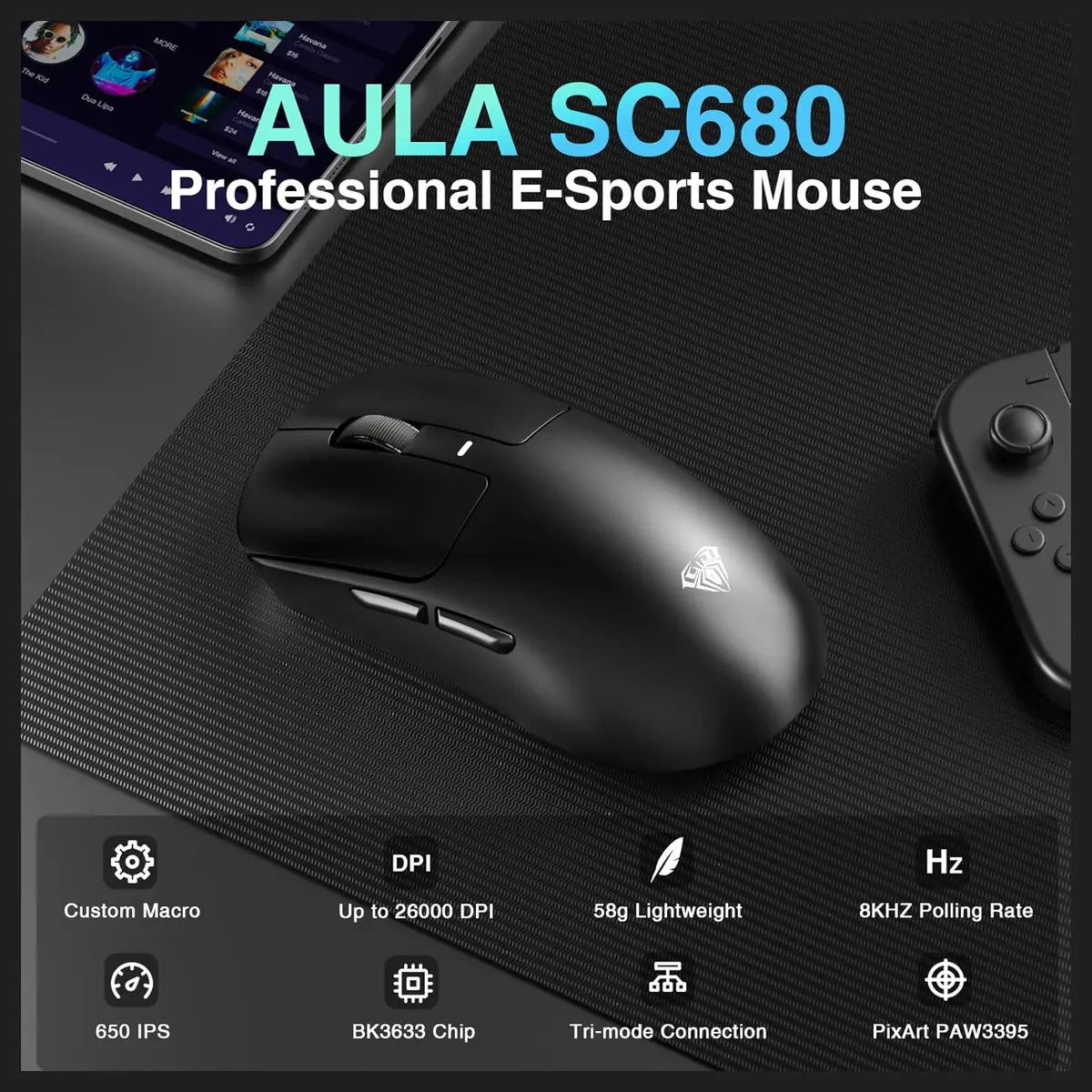 AULA SC680 Wireless Gaming Mouse, Tri-Mode 2.4GHz USB-C and BT5.2, PAW3395 Sensor, 26000 DPI, 8K Polling Rate, 500mAh Battery Up to 75Hrs, Black