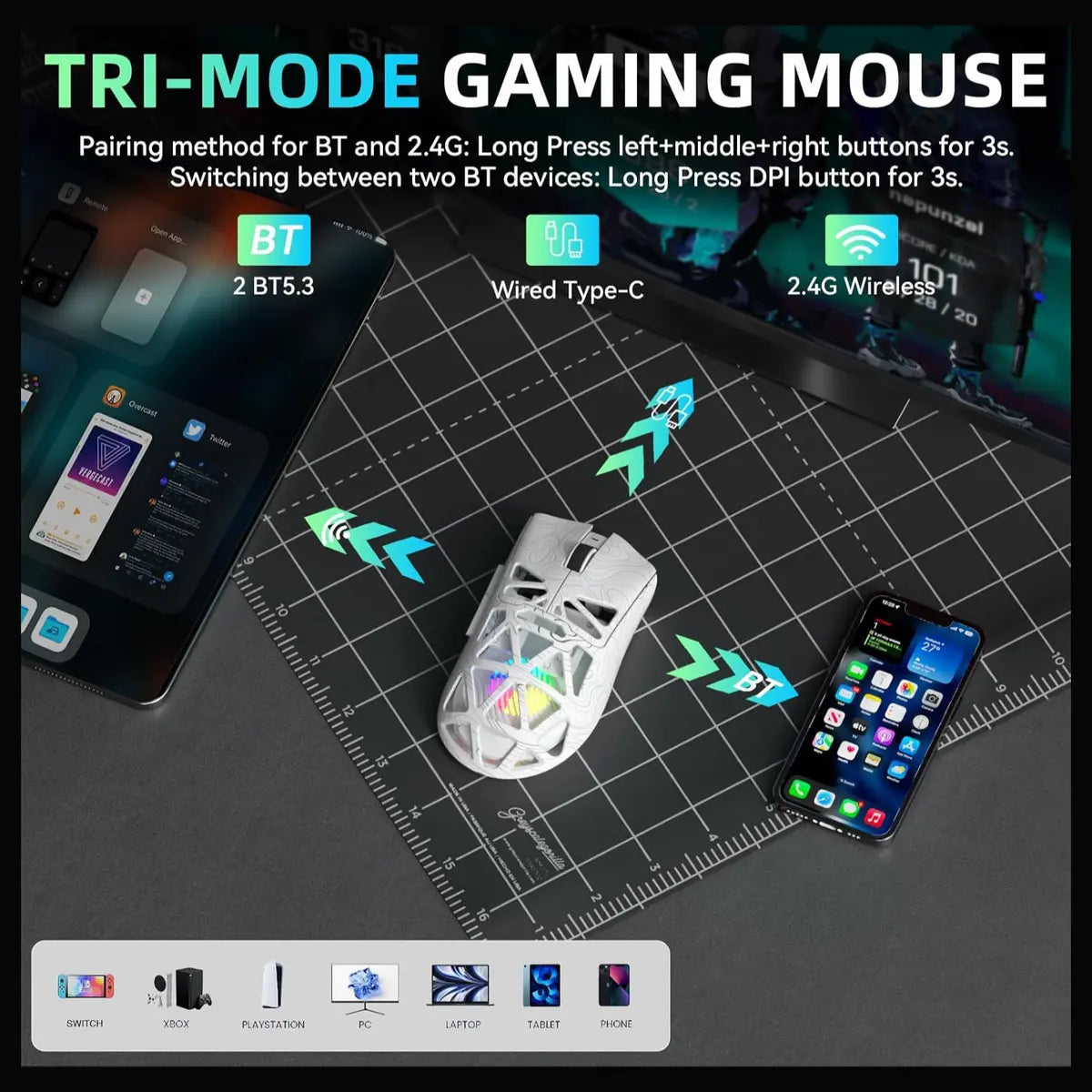 Aula SC620 Wireless Gaming Mouse, Tri-Mode 2.4GHz Wireless, BT5.3 and Wired USB-C, 12000 DPI 1000Hz, 7 Programmable Buttons with Rapid Fire Key, RGB Backlighting, 67g Black