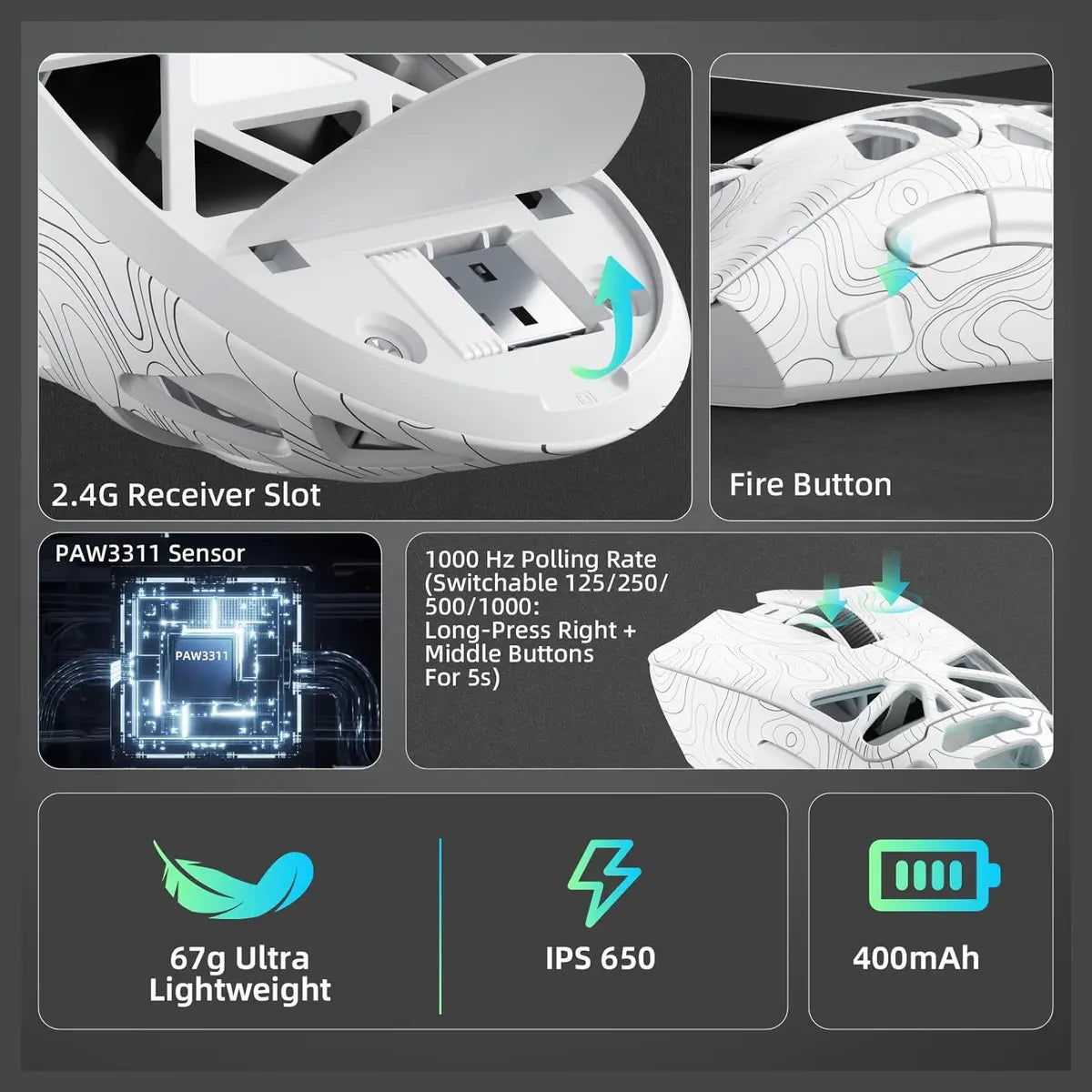 Aula SC620 Wireless Gaming Mouse, Tri-Mode 2.4GHz Wireless, BT5.3 and Wired USB-C, 12000 DPI 1000Hz, 7 Programmable Buttons with Rapid Fire Key, RGB Backlighting, 67g Black