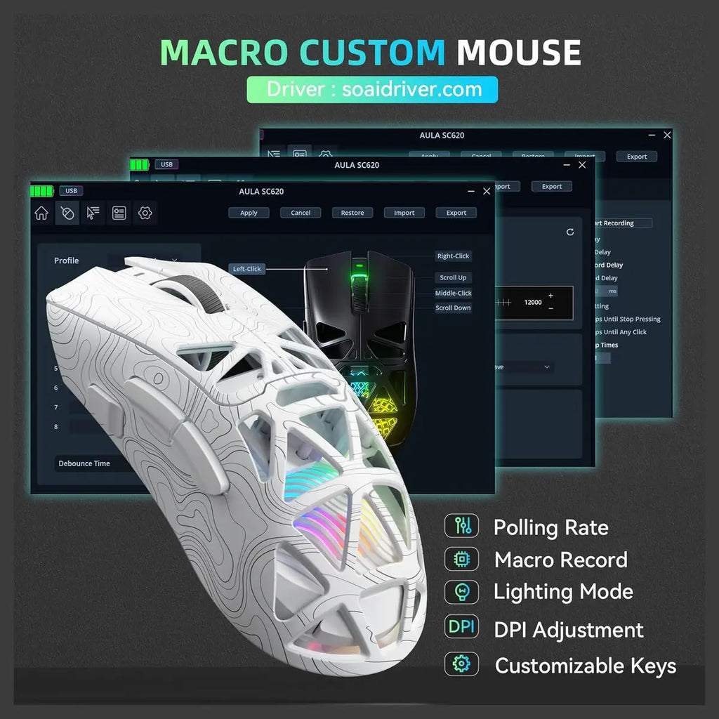 Aula SC620 Wireless Gaming Mouse, Tri-Mode 2.4GHz Wireless, BT5.3 and Wired USB-C, 12000 DPI 1000Hz, 7 Programmable Buttons with Rapid Fire Key, RGB Backlighting, 67g Black