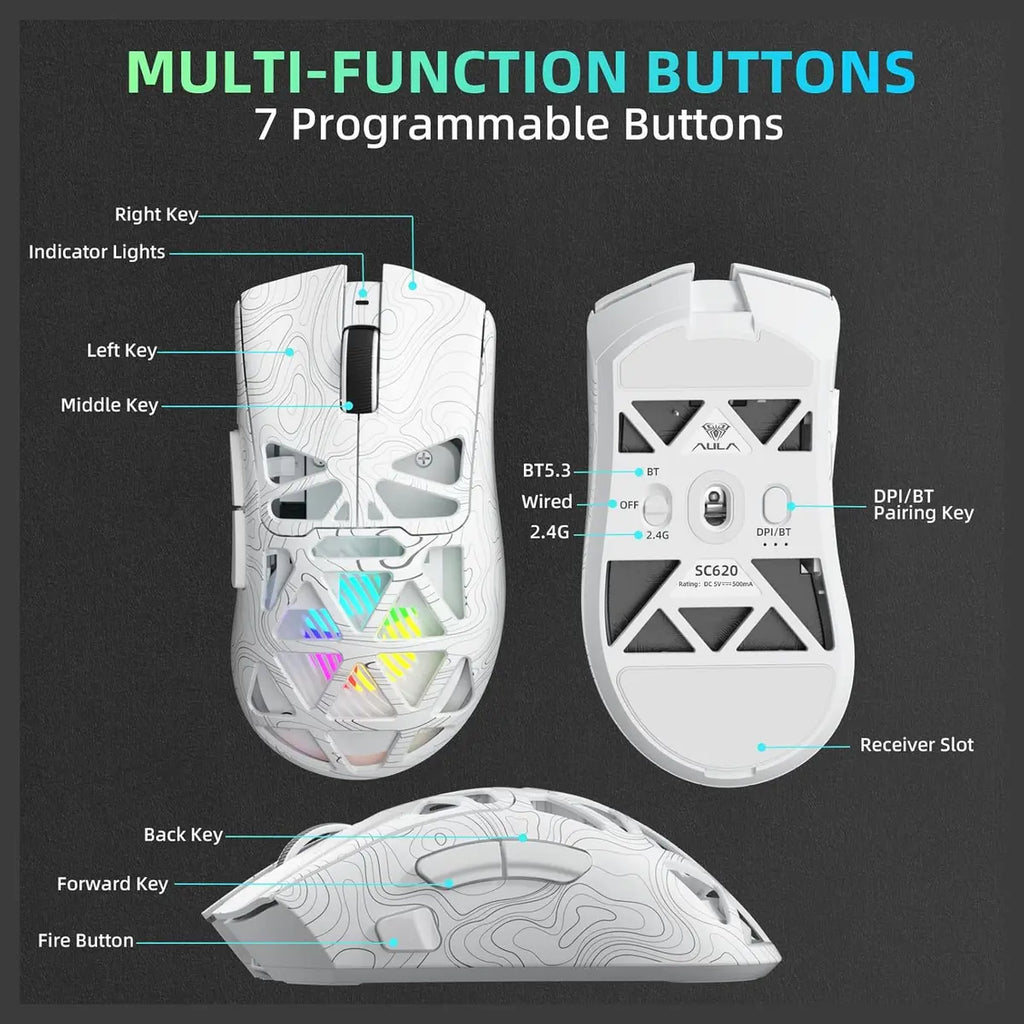 Aula SC620 Wireless Gaming Mouse, Tri-Mode 2.4GHz Wireless, BT5.3 and Wired USB-C, 12000 DPI 1000Hz, 7 Programmable Buttons with Rapid Fire Key, RGB Backlighting, 67g Black