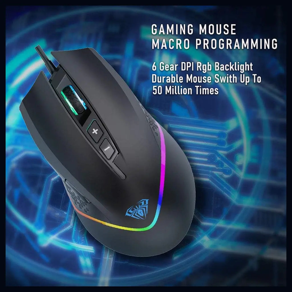 AULA WIND F805 Wired Gaming Mouse, RGB Backlit, 6400 DPI Adjustable Optical Sensor, 2 Programmable Side Buttons, Ergonomic USB, Black