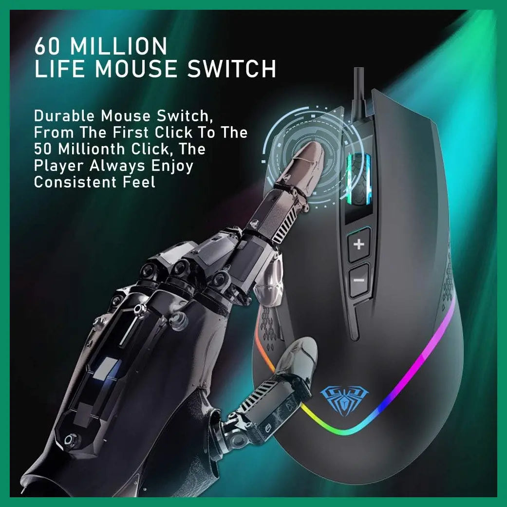 AULA WIND F805 Wired Gaming Mouse, RGB Backlit, 6400 DPI Adjustable Optical Sensor, 2 Programmable Side Buttons, Ergonomic USB, Black
