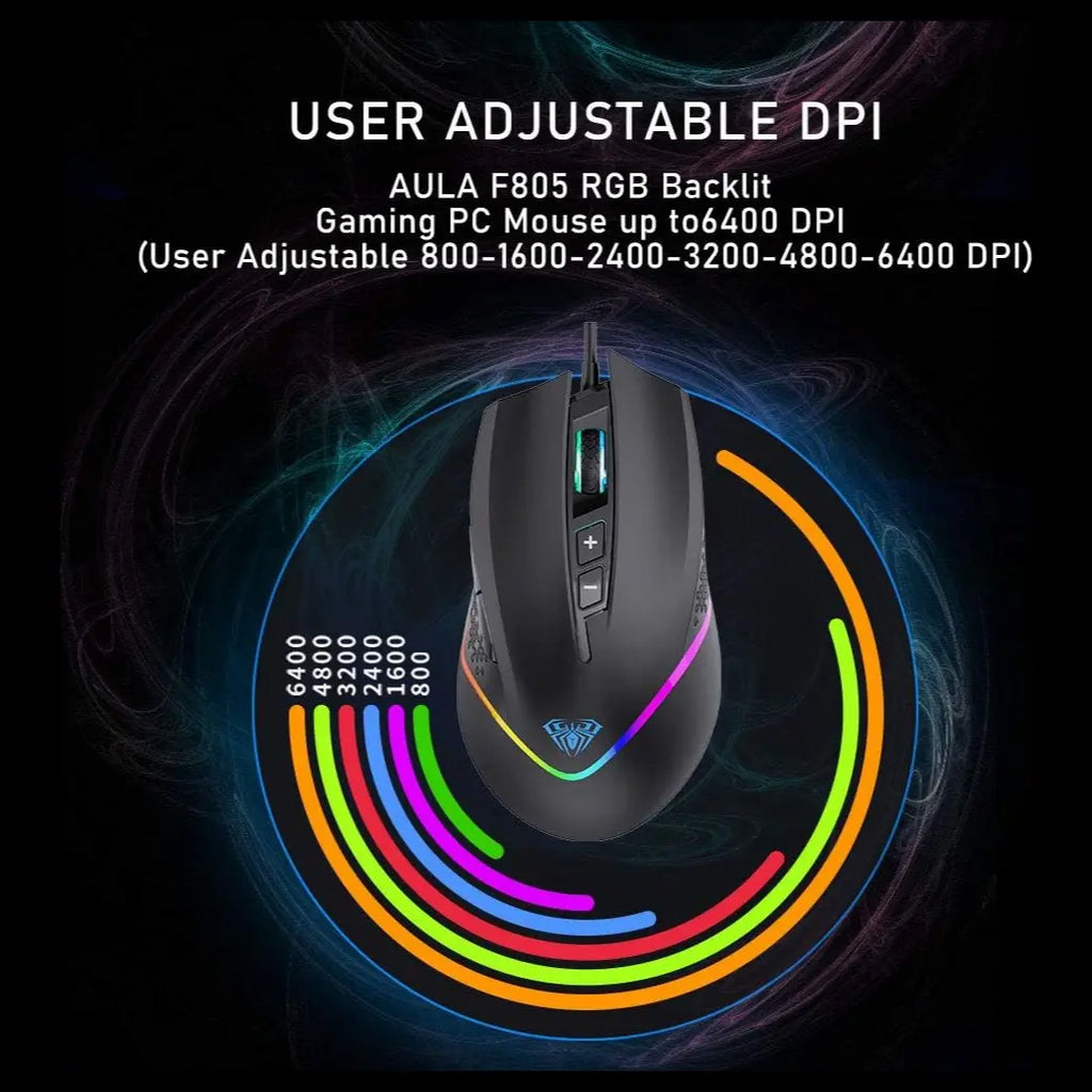 AULA WIND F805 Wired Gaming Mouse, RGB Backlit, 6400 DPI Adjustable Optical Sensor, 2 Programmable Side Buttons, Ergonomic USB, Black