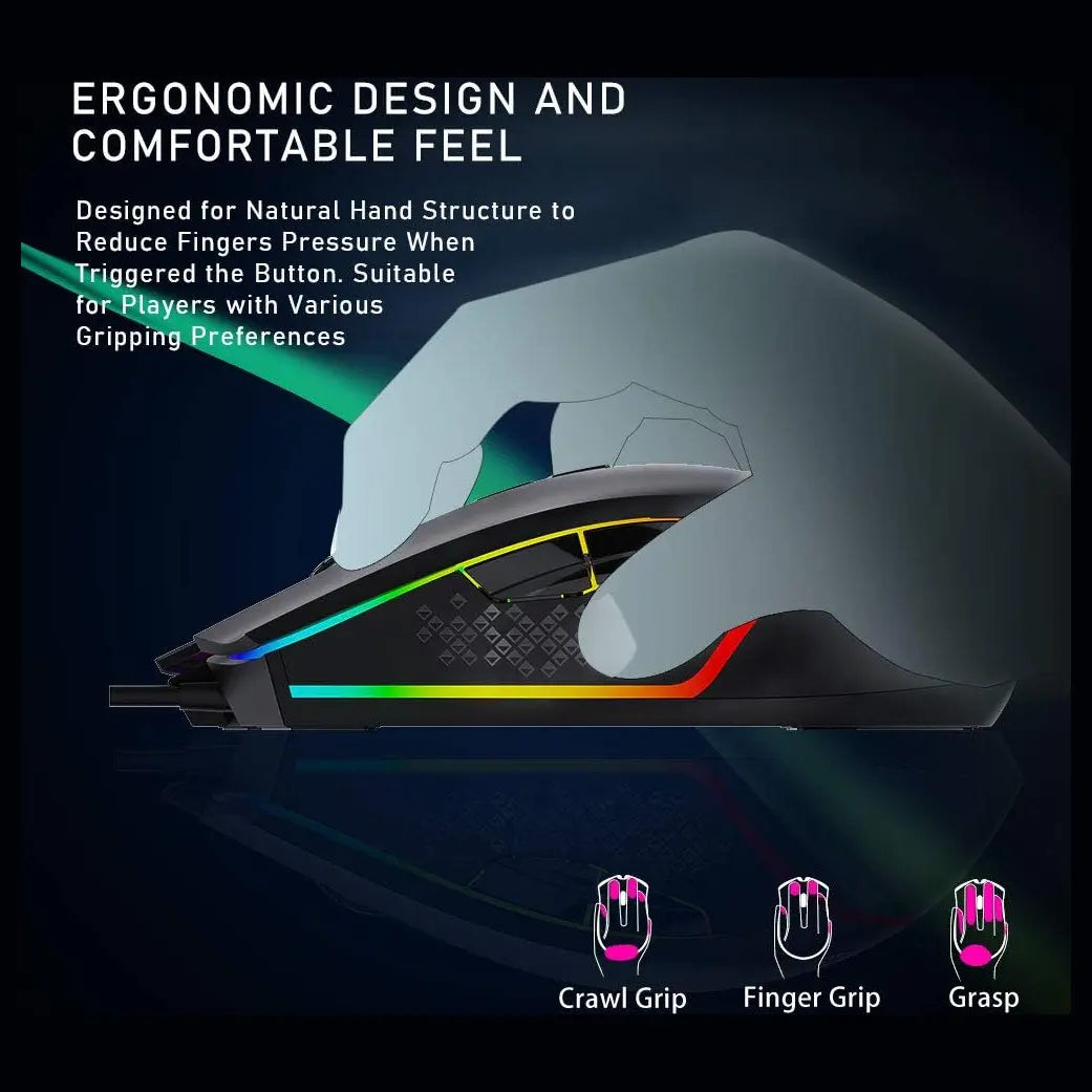 AULA WIND F805 Wired Gaming Mouse, RGB Backlit, 6400 DPI Adjustable Optical Sensor, 2 Programmable Side Buttons, Ergonomic USB, Black