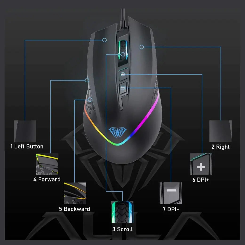 AULA WIND F805 Wired Gaming Mouse, RGB Backlit, 6400 DPI Adjustable Optical Sensor, 2 Programmable Side Buttons, Ergonomic USB, Black