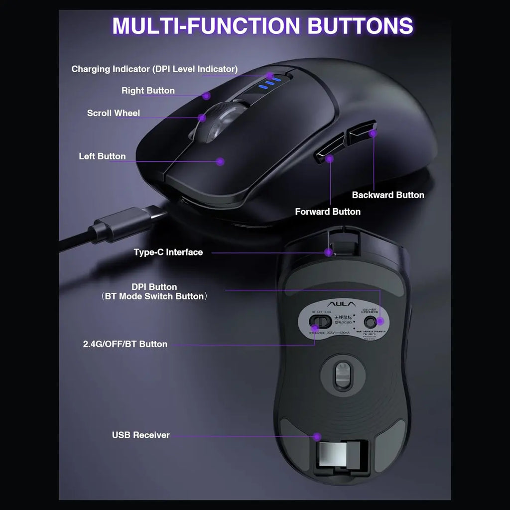 Aula Wind SC580X Gaming Mouse Tri-Mode 2.4G BT5.0 USB-C 10000 DPI 6 Programmable Buttons Black