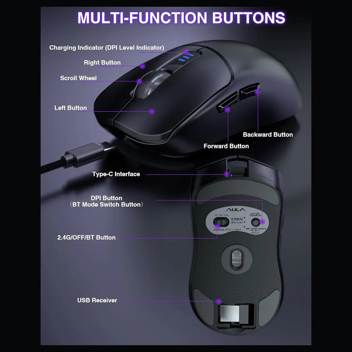 Aula Wind SC580X Gaming Mouse Tri-Mode 2.4G BT5.0 USB-C 10000 DPI 6 Programmable Buttons Black