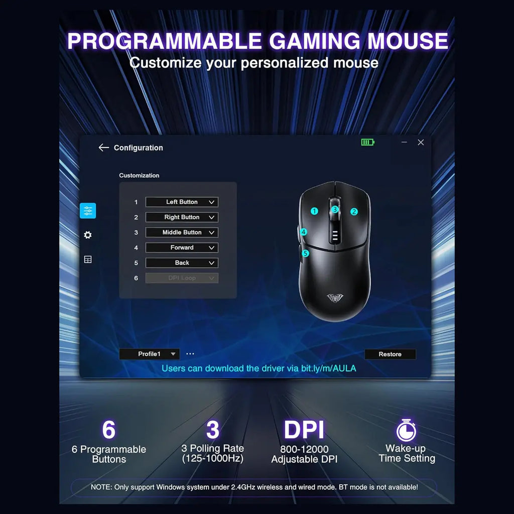 Aula Wind SC580X Gaming Mouse Tri-Mode 2.4G BT5.0 USB-C 10000 DPI 6 Programmable Buttons Black