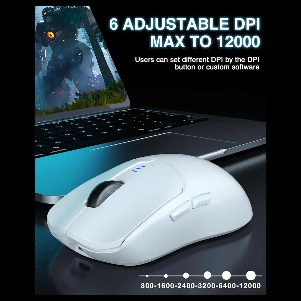 AULA SC580X Wireless Gaming Mouse, Tri-Mode 2.4G/BT5.0/USB-C, 12000 DPI, 1000Hz Polling Rate, 6 Programmable Buttons, 500mAh Rechargeable, White