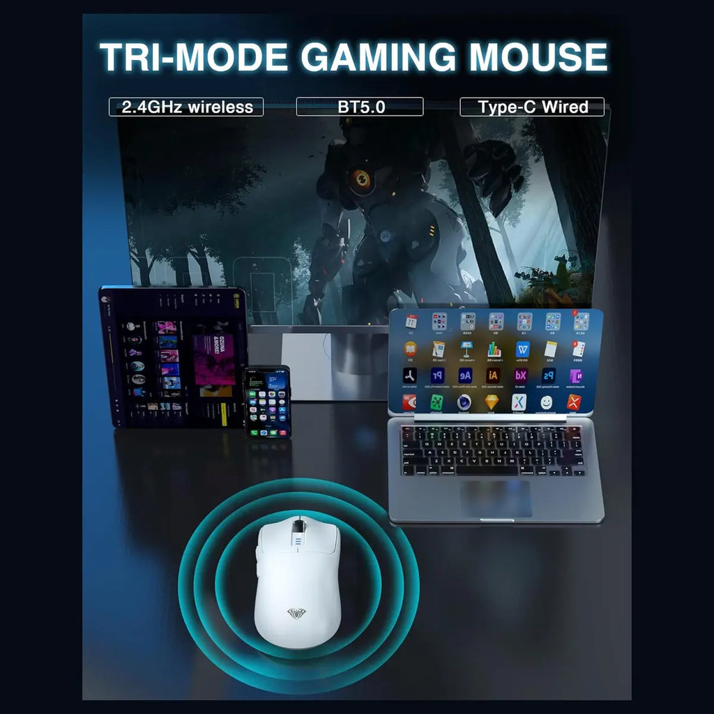 AULA SC580X Wireless Gaming Mouse, Tri-Mode 2.4G/BT5.0/USB-C, 12000 DPI, 1000Hz Polling Rate, 6 Programmable Buttons, 500mAh Rechargeable, White