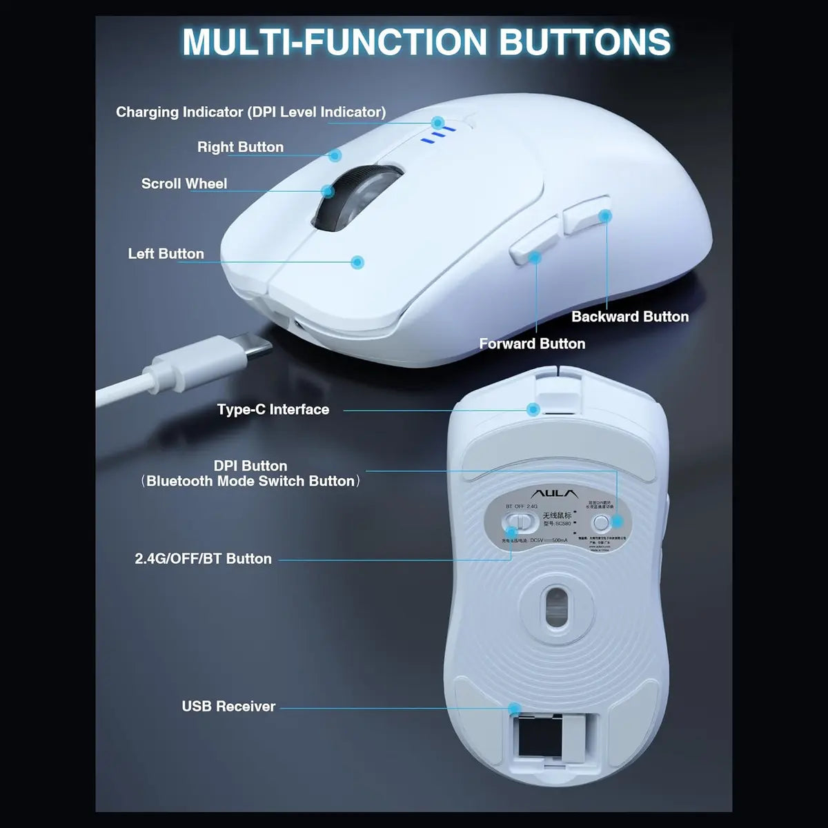 AULA SC580X Wireless Gaming Mouse, Tri-Mode 2.4G/BT5.0/USB-C, 12000 DPI, 1000Hz Polling Rate, 6 Programmable Buttons, 500mAh Rechargeable, White