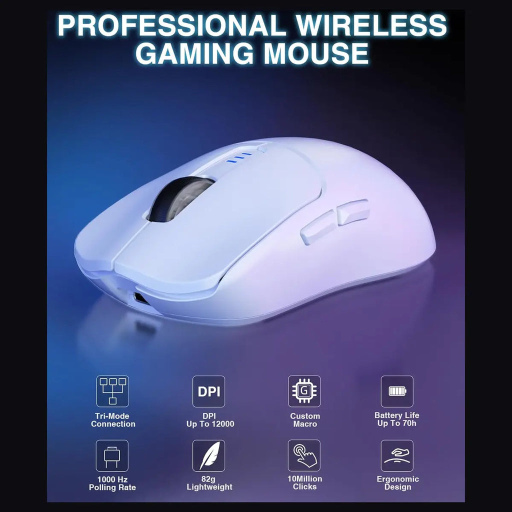 AULA SC580X Wireless Gaming Mouse, Tri-Mode 2.4G/BT5.0/USB-C, 12000 DPI, 1000Hz Polling Rate, 6 Programmable Buttons, 500mAh Rechargeable, White