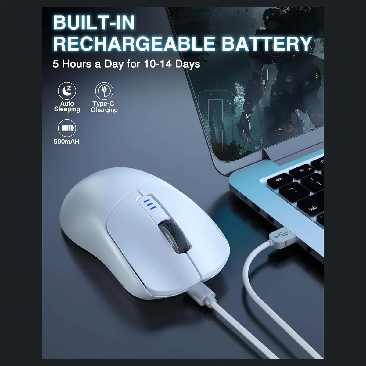 AULA SC580X Wireless Gaming Mouse, Tri-Mode 2.4G/BT5.0/USB-C, 12000 DPI, 1000Hz Polling Rate, 6 Programmable Buttons, 500mAh Rechargeable, White
