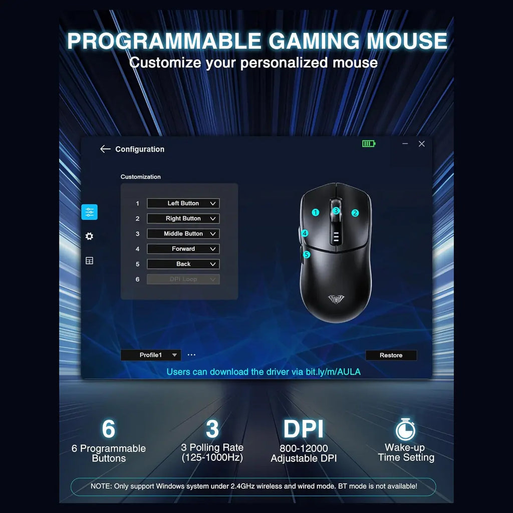 AULA SC580X Wireless Gaming Mouse, Tri-Mode 2.4G/BT5.0/USB-C, 12000 DPI, 1000Hz Polling Rate, 6 Programmable Buttons, 500mAh Rechargeable, White