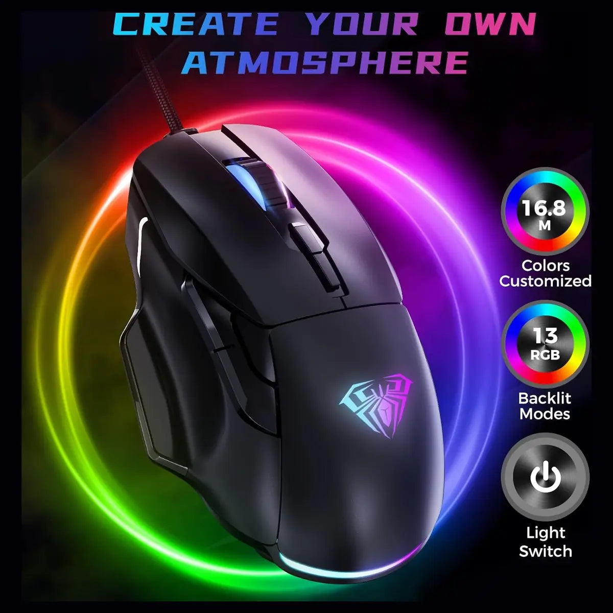 AULA F815 Gaming Mouse, 12800 DPI, RGB Wired, 1ms Report Rate, 6 Programmable Macro Buttons, 13 Backlit Modes, Black