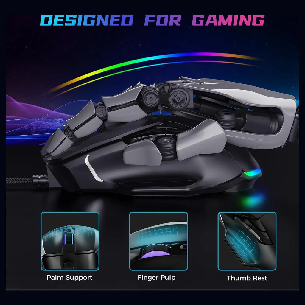 AULA F815 Gaming Mouse, 12800 DPI, RGB Wired, 1ms Report Rate, 6 Programmable Macro Buttons, 13 Backlit Modes, Black