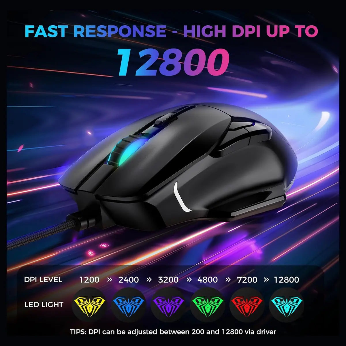 AULA F815 Gaming Mouse, 12800 DPI, RGB Wired, 1ms Report Rate, 6 Programmable Macro Buttons, 13 Backlit Modes, Black